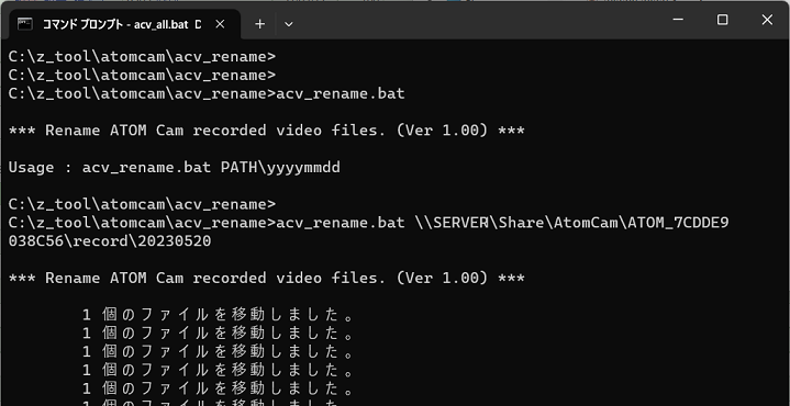 ATOM Camの録画ファイル名を一括変換(実行画面)